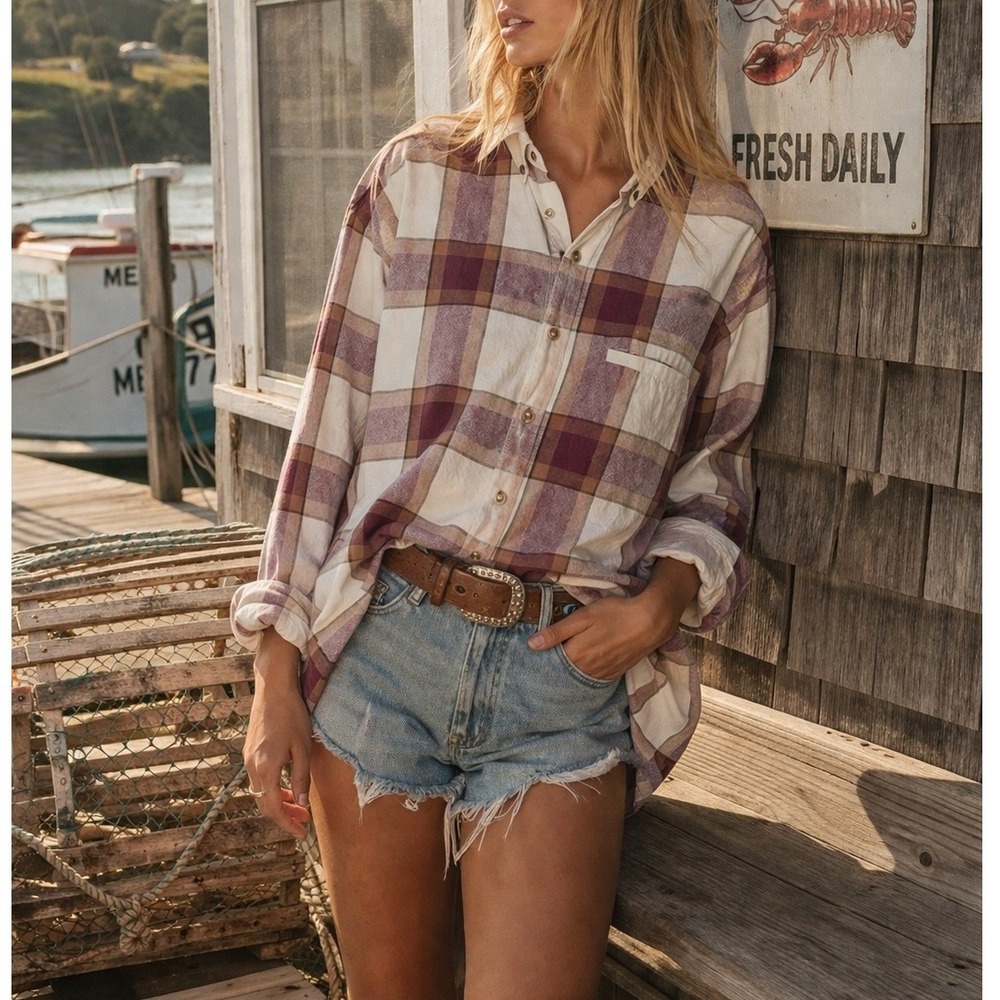 Vintage Longhorn by Niver Western Wear Plaid Button Down Shirt Burgundy Cream- M